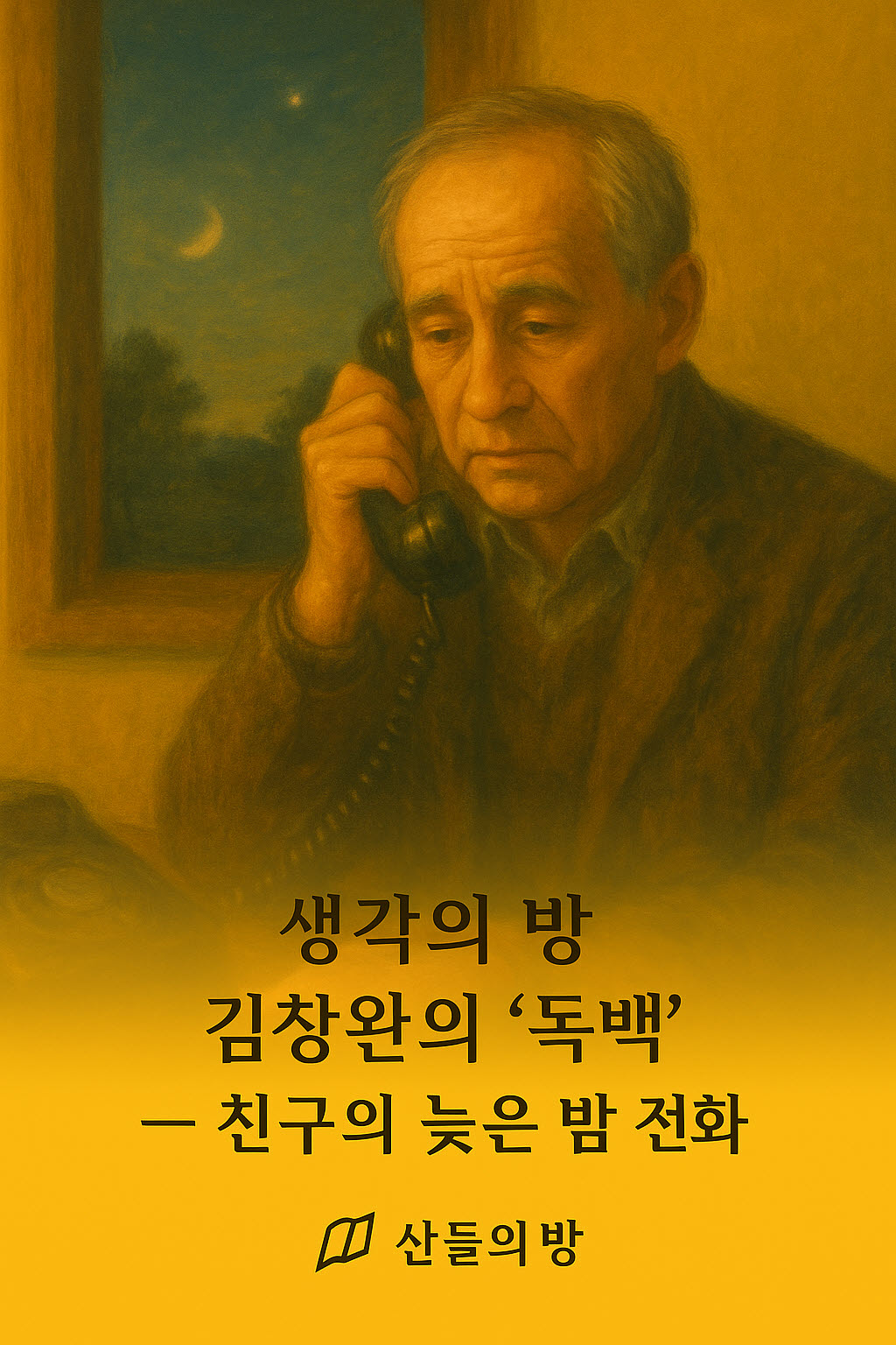 늦은 밤, 중년의 남성이 창가에서 전화 수화기를 들고 깊은 생각에 잠긴 모습의 감성 일러스트. 어두운 밤하늘과 초승달, 그리고 ‘생각의 방 – 김창완의 독백, 친구의 늦은 밤 전화’ 문구가 담긴 3:4 썸네일 이미지.