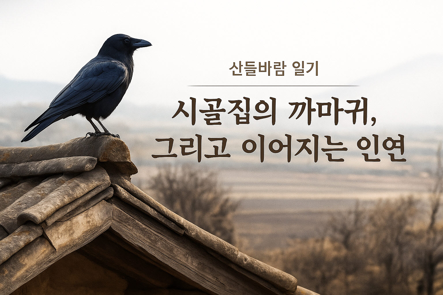전통 기와지붕 위에 앉아 시골 풍경을 바라보는 까마귀와 ‘산들바람 일기’ 제목이 담긴 감성 표지 이미지.