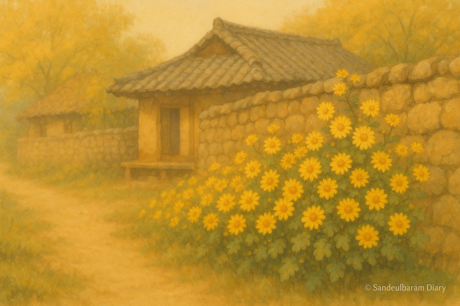 따뜻한 가을 톤의 시골집 풍경. 돌담을 따라 노란 감국이 활짝 피어 있고, 뒤편에는 기와지붕 한옥이 은은하게 보이는 고즈넉한 시골길 이미지