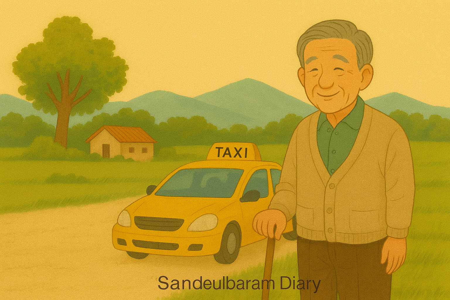 따뜻한 노란빛 풍경 속에서 지팡이를 짚고 미소 짓는 노년의 남성이 서 있고, 뒤편에는 시골 마을 배경과 초가집, 그리고 ‘TAXI’ 표지판이 있는 노란 택시가 서 있는 감성 일러스트. 초록빛 들판과 나무, 먼 산의 구릉이 어우러진 가운데 하단에는 ‘© Sandeulbaram Diary’ 문구가 적혀 있다.
