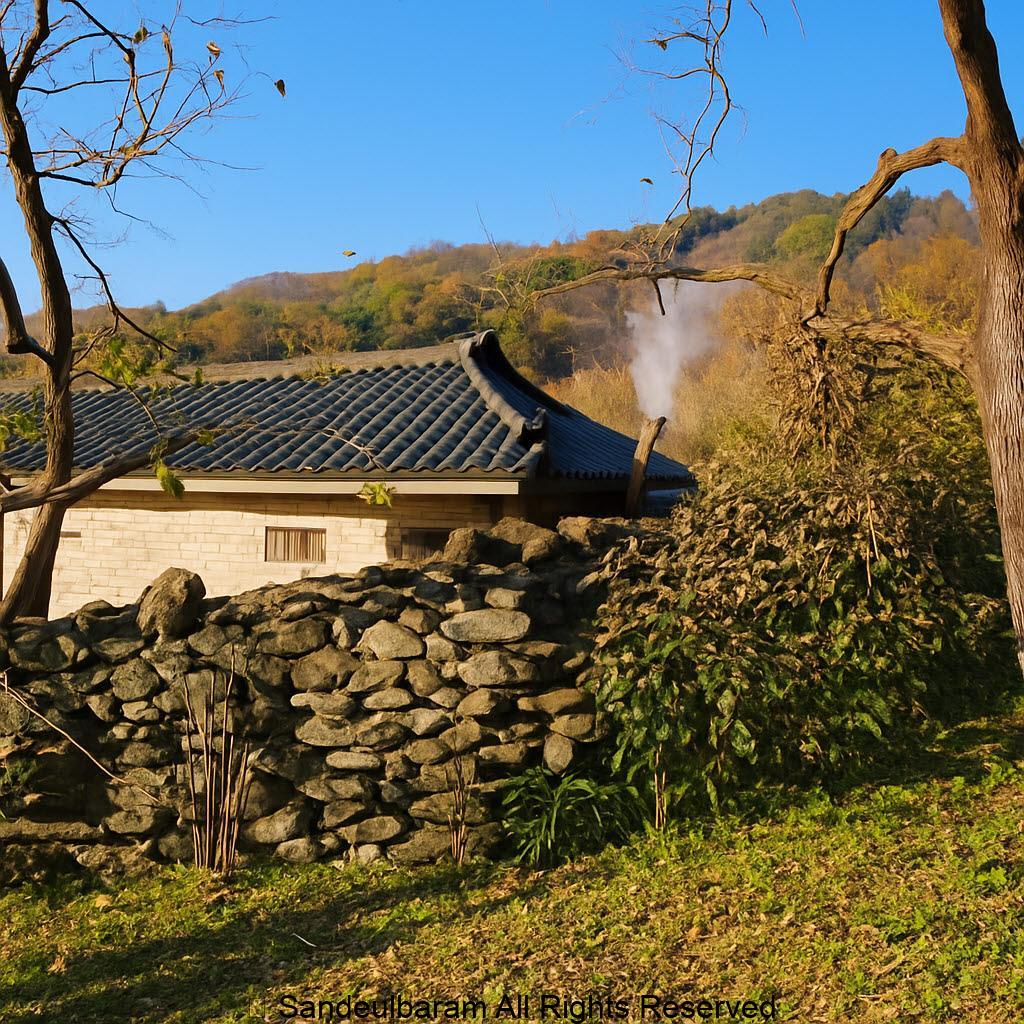 전통 건물과 돌담, 그리고 푸른 하늘의 조화로운 풍경