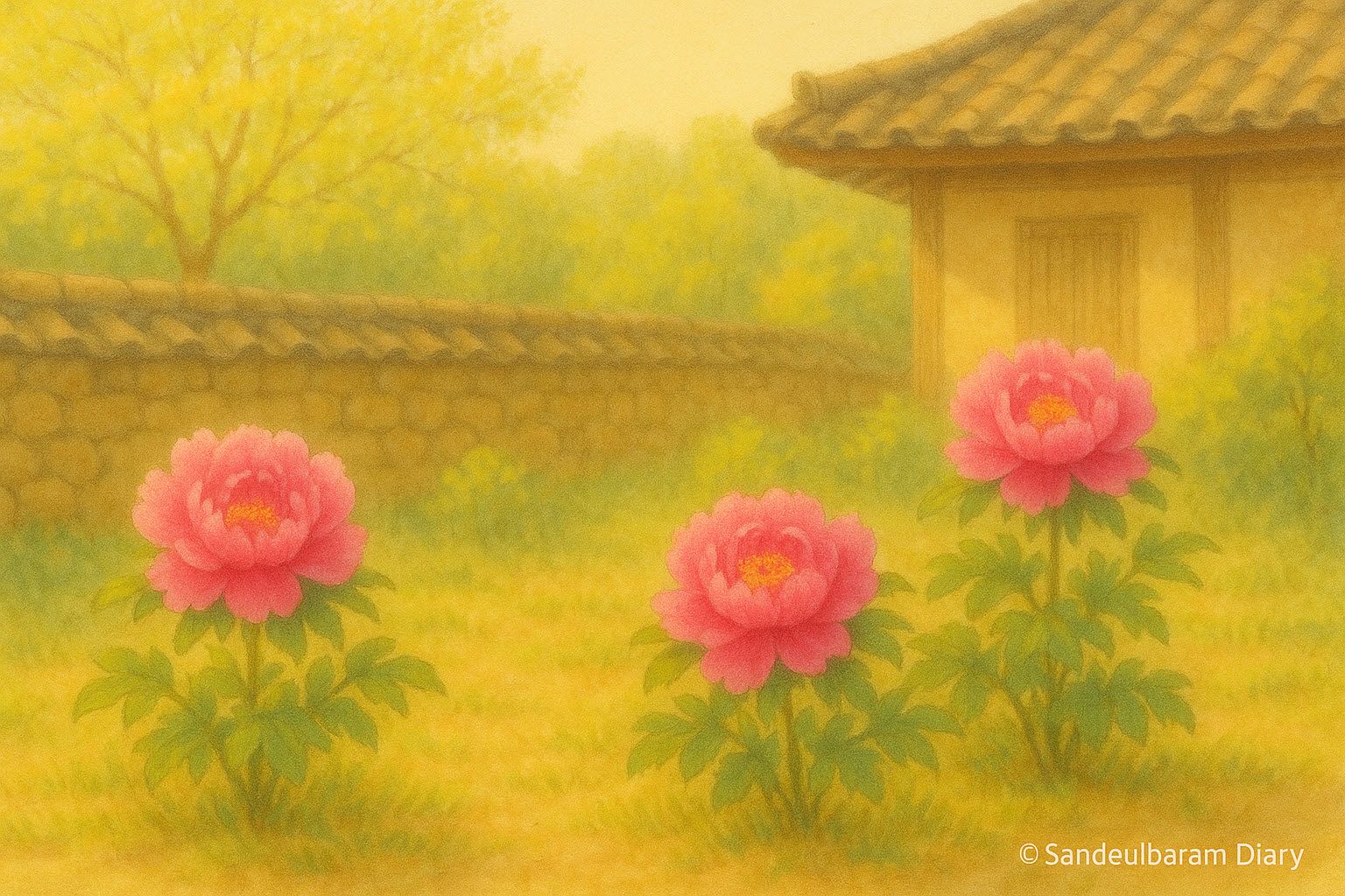 시골집 정원에 세 그루의 목단꽃이 활짝 피어 있고, 돌담과 기와집이 배경으로 보이는 따뜻한 봄 풍경 이미지