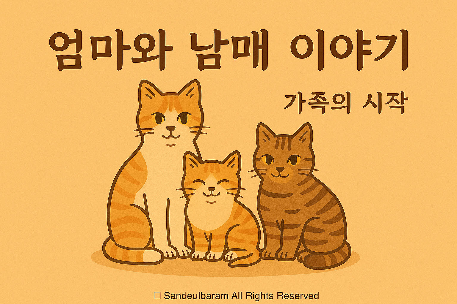 따뜻한 베이지톤 배경 위에 세 마리 고양이가 나란히 앉아 있는 일러스트. 왼쪽에는 어미 고양이가, 가운데에는 눈을 감고 미소 짓는 어린 고양이가, 오른쪽에는 줄무늬 고양이가 앉아 있다. 상단에는 ‘엄마와 남매 이야기’, 그 아래에는 ‘가족의 시작’이라는 글귀가 적혀 있다. 전체적으로 포근하고 가족적인 분위기를 담은 그림