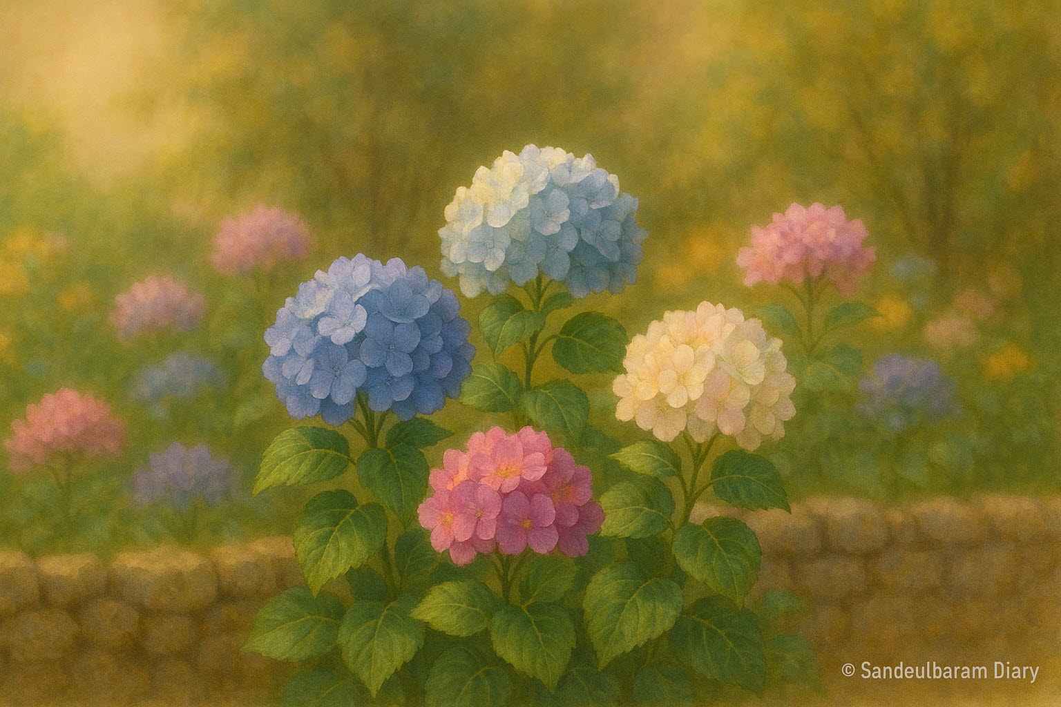 여름 정원에서 파랑·보라·핑크·화이트 수국이 풍성하게 만개한 모습. 따뜻한 햇살 아래 수국들이 돌담과 녹음 속에서 조화를 이루는 화사한 정원 풍경 이미지