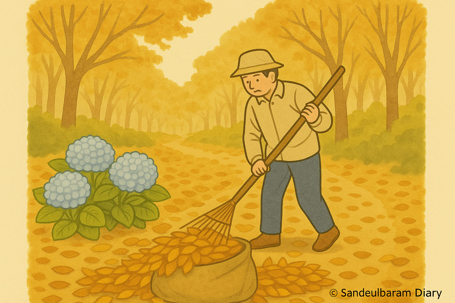 가을빛이 드리운 숲길에서 모자를 쓴 남성이 갈퀴로 낙엽을 큰 자루에 모으고 있다. 길가에는 파란 수국이 피어 있고, 노란 단풍나무들이 길 양옆을 가득 채워 따뜻하고 고즈넉한 분위기를 만든다