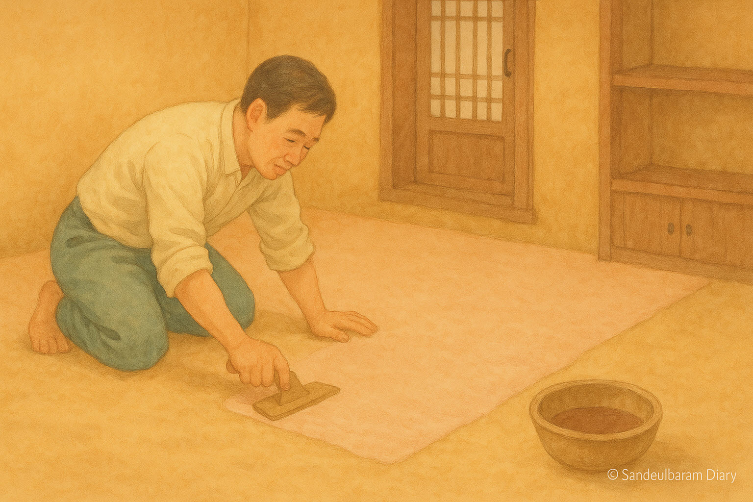 황토로 된 시골집 안방에서 콩장판을 바르는 장면. 따뜻한 파스텔 톤 속에서 중년 남성이 바닥에 콩기름 종이를 고르게 펴 바르는 모습이 아늑하고 정겨운 분위기로 표현된 그림