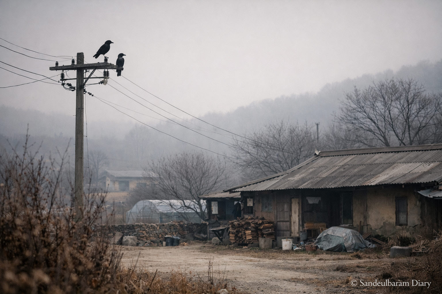 시골 마당 근처 전봇대에 앉아 있는 까마귀와 조용한 풍경