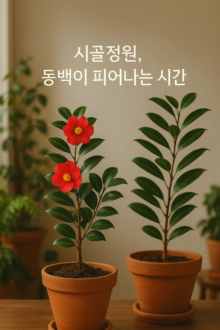 집안 실내 공간에 놓인 두 그루의 동백나무 화분. 한 화분은 붉은 동백꽃이 활짝 피어 있고, 다른 화분은 잎이 건강하게 자란 모습으로 따뜻한 햇살을 받으며 놓여 있는 장면
