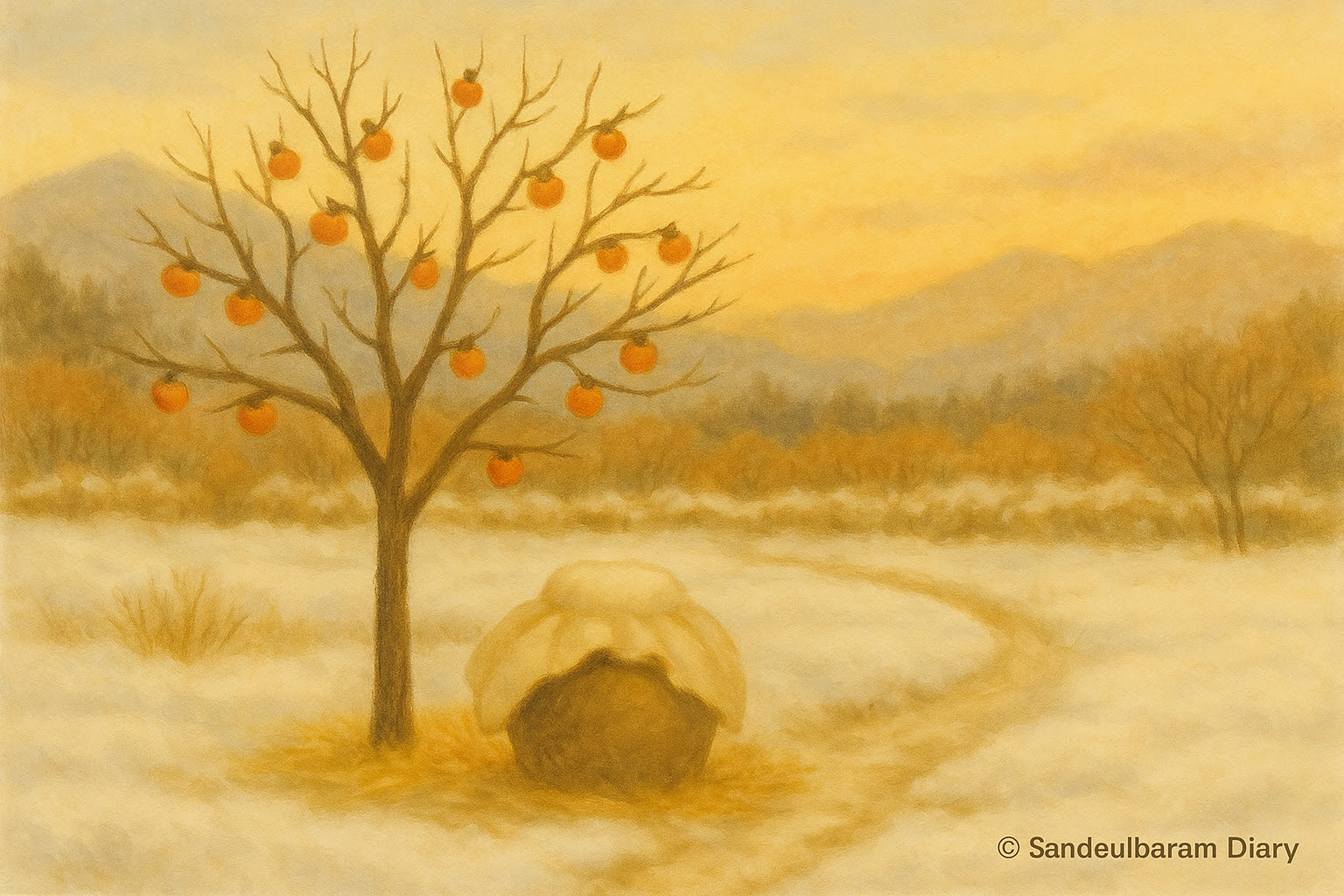 “겨울 들판에 홀로 서 있는 감나무와 그 아래 이불로 감싼 술독이 놓인 따뜻한 분위기의 수채화 풍경. 눈 덮인 들판과 흐릿한 산능선, 노을빛 하늘이 어우러져 포근한 겨울 정취를 담고 있다. 오른쪽 아래에는 © Sandeulbaram Diary 표기가 있다.”