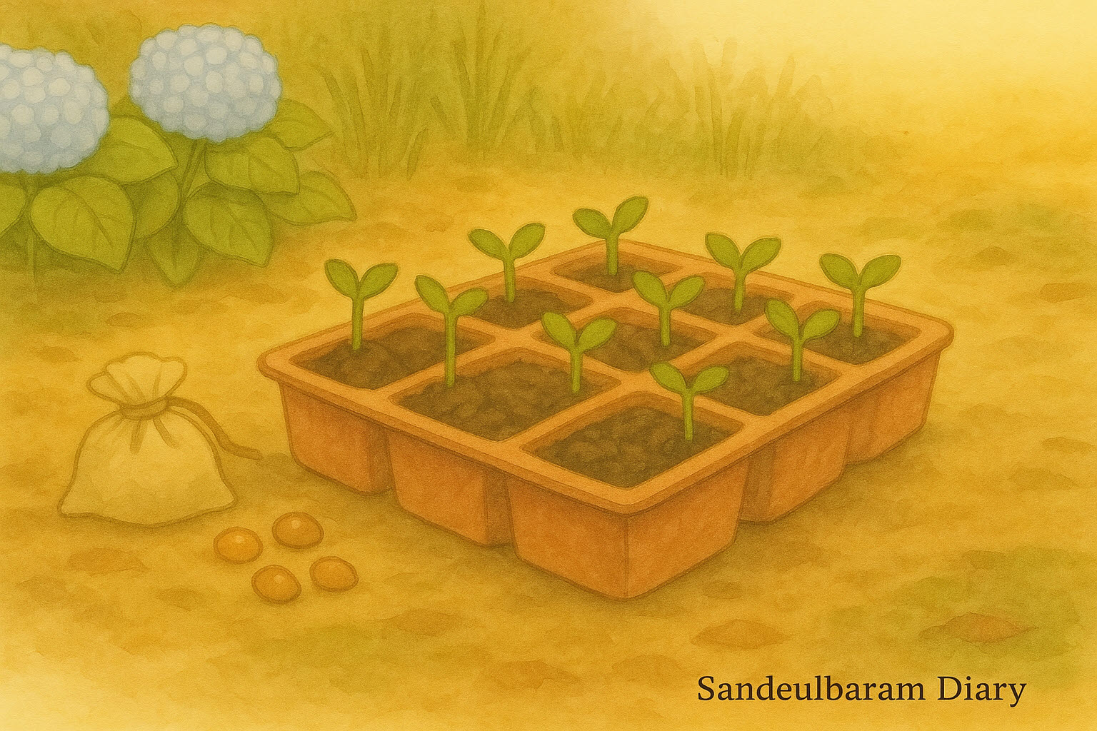 따뜻한 수채화 배경 속, 작은 모종판에서 새싹들이 고르게 자라고 있으며, 앞에는 씨앗과 작은 주머니가 놓여 있고 왼쪽 뒤편에는 연한 파란색 수국 꽃이 피어 있는 모습. 이미지 오른쪽 아래에는 ‘Sandeulbaram Diary’라는 문구가 적혀 있다.