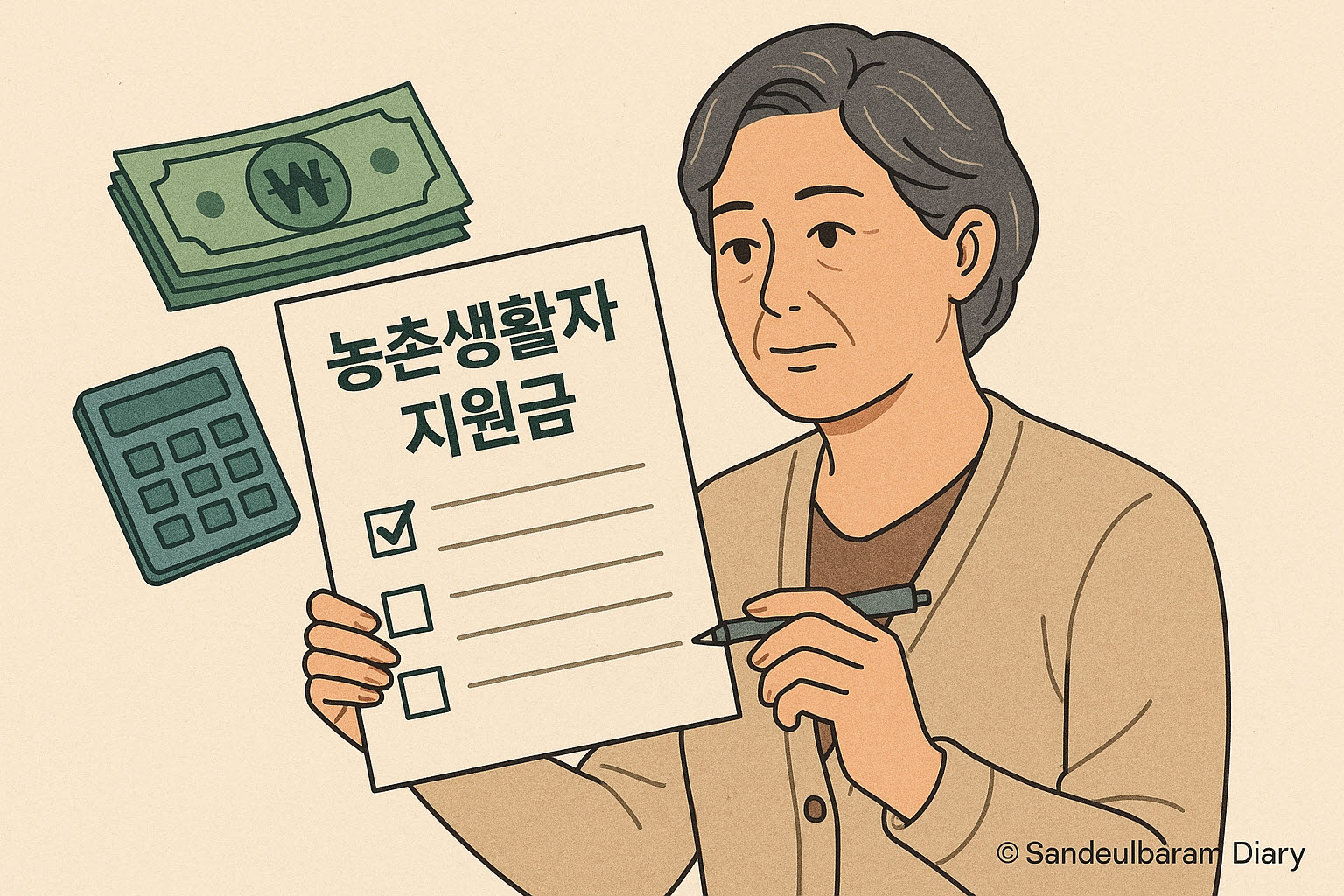농촌생활자 지원금을 신청하기 위해 서류를 들고 체크하는 중년 여성의 일러스트. 서류에는 ‘농촌생활자 지원금’ 문구가 적혀 있으며, 주변에는 계산기와 지폐 그림이 배치되어 있다. 이미지 오른쪽 아래에는 © Sandeulbaram Diary 표기가 있는 16:9 구성의 안내 일러스트