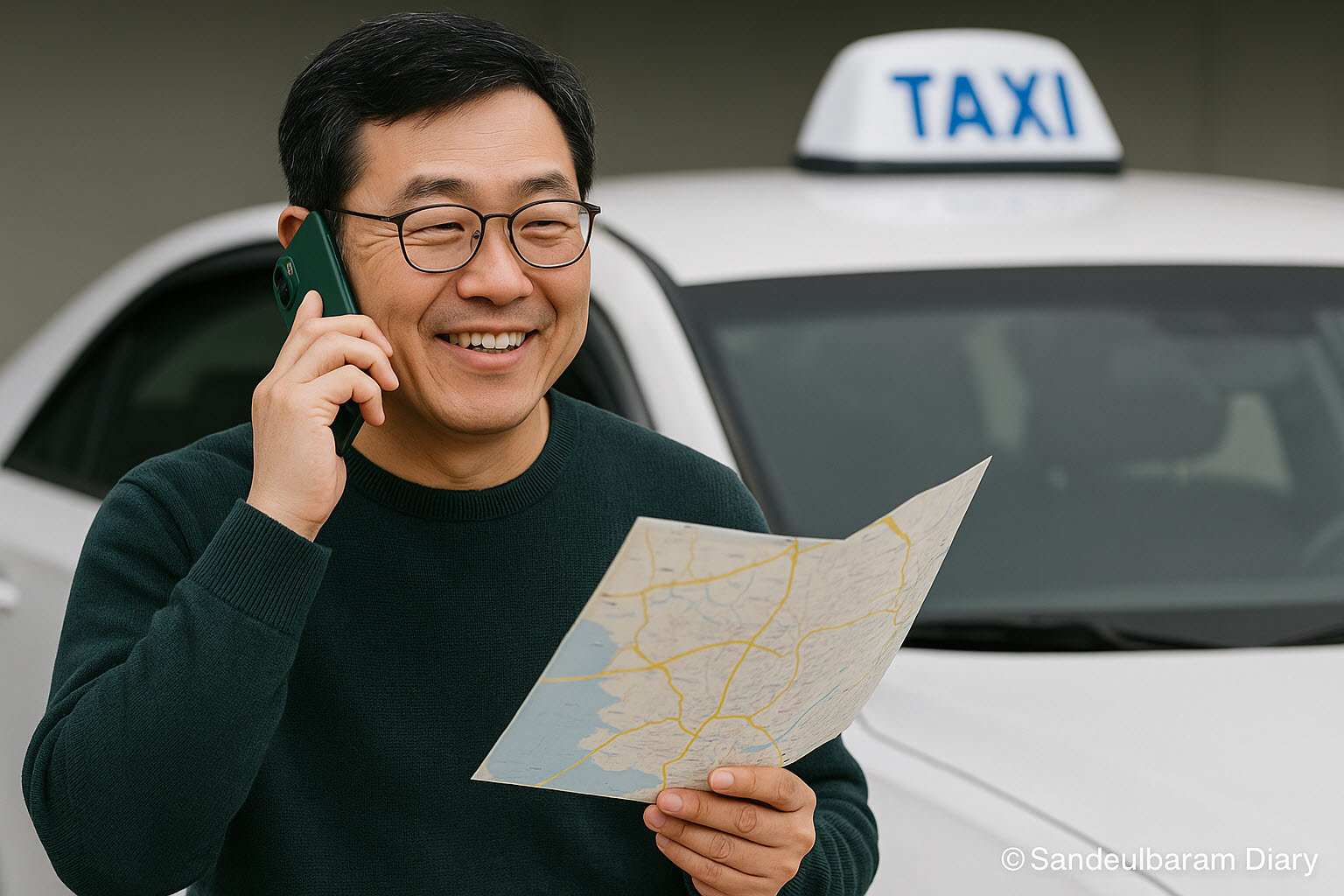 희망택시를 이용하기 위해 길찾기 지도를 들고 스마트폰으로 통화하는 중년 남성의 모습. 뒤에는 ‘TAXI’ 표시가 있는 차량이 서 있으며, 오른쪽 아래에는 © Sandeulbaram Diary 표기가 있는 16:9 비율의 교통복지 안내 이미지